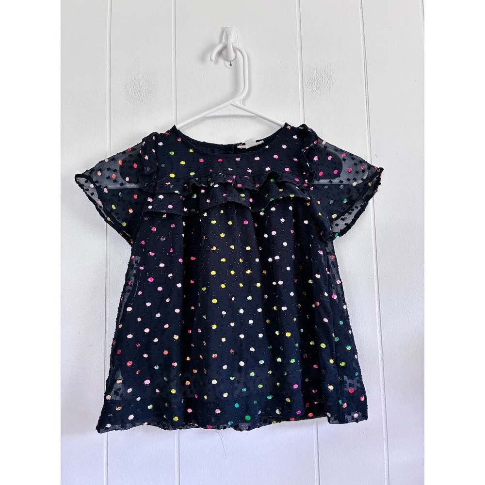 Crewcuts Girls Navy Blue Neon Multicolor Polka Dot Ruffle Clip Dot Top Size 7